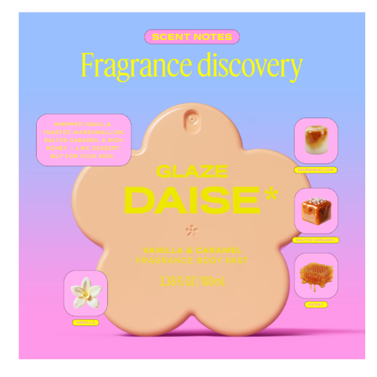 DAISE Fragrance Body Mist in Glaze, Vanilla & Caramel, 3.38 FL OZ / 100 mL